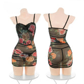 Perspective Hip Hugging Suspender Skirt Flirtatious Lingerie Lace Floral Print Elegant Adult Costumes