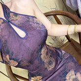 Style High Waist Improved Printed Traditional Slimming Cheongsam Skirt Purple