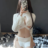 Backless High Collar Sweater White Kawaii Cosplay Teacher Costumes Lingerie Temptation Long Sleeves Top Miniskirt