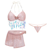 Lingerie Three-point Bikini Beach Swimsuit Perspective Temptation Costumes Heart Shiny Bra Miniskirt Set