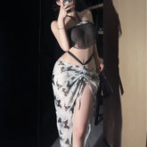 Black White Print Hanfu Ancient Style Erotic Underwear Transparent Skirt Adult Home Sleepwear