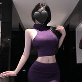 Lingerie Hollow Out Sweater High Neck Top Wrap Hip Miniskirt Bare Waist Set