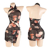 Perspective Retro Cheongsam Print Slit Skirt Traditional Improved Erotic Exotic Charm Costumes
