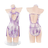 Floral Cheongsam Hot Hollow Slit Temptation Traditional Porno Exotic Charm Costume Purple