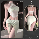 Passion Halter Bellyband Perspective Backless Top Irregular Skirt Erotic Cosplay Improve Costumes Couple Flirting Set