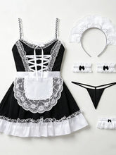 Maid Costume Outfit Black White Ruffle Sleeveless Suspender Apron