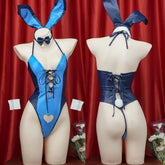 Blue Leather Bodysuit Jumpsuit Outfits Rabbit Role Play Lingerie