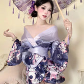 Erotic Lingerie Deep V Kimono Retro Printed Bathrobe Kawaii Pajamas Cosplay Dancer Costumes Gradient Purple Pink