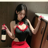 Nightclub Halter Hip Hugging Skirt Bodysuit Backless Seductive Lingerie One-piece Jumpsuit Tight Fitting Short Skirt Set