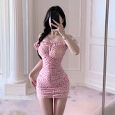Pajamas Off Shoulder Sleepwear Ruffles Bow Nightgown Sleeveless NightTight-fitting Skirt Pink