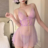 Polka Dot Perspective Mesh Nightgown Patchwork Pure Desire Erotic Lingerie Backless V-neck Sling Skirt Purple
