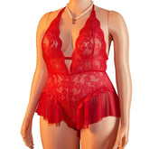 Lingerie Crotchless Deep V Open Red Lace Hollow Bodysuit Teddy Babydoll Underwear Set