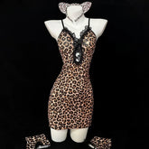 Erotic Lingerie Lace Leopard Print Hip Hugging Skirt Charm Hollowed-out Backless V-neck Nightgown