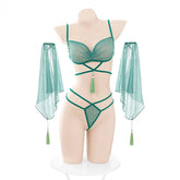 Ancient Western Regions Hanfu Lingerie Pure Desire Temptation Pajamas Green Perspective Bra Panties Elegant Gloves