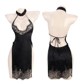 Erotic Lingerie Cheongsam Back Lace Hollow Out Side Slit Temptation Pajamas