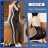 Zip Open Crotch Deep V Yoga Jumpsuit Lingerie Body Stocking Halter Porn Bodysuits Elasticity Mesh Pantyhose Cosplay Costume
