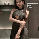 Erotic Hollow Perspective Pajamas Playful Shiny Nightclub Queen Temptation Halter Skirt Backless