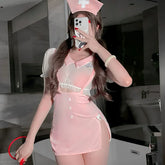 Perspective Mesh Top Nurse Strap Skirt Tempatation Ruffles Cosplay Costumes Hollow Lingerie Set