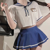 Sweet Student Roleplay Costumes Navy Lapel Top Pleated Skirt Set