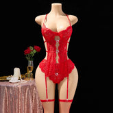 Garter Lingerie Spaghetti Strap Wire-free Bra Crotchless Bodysuit Sheer Lace Babydoll Underwear 2 Piece Sets