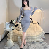 Wrap Hip Skirt Tight Sling Long Sleeves Outer Set