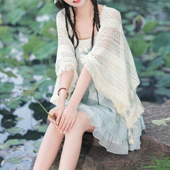 Shawl Fringe Flower Dress Set