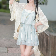 Shawl Fringe Flower Dress Set