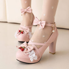 Strawberry Bow Chunky Heels