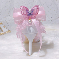 Pink Butterfly Lace Bow Heels Shoes