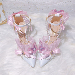 Pink Butterfly Lace Bow Heels Shoes