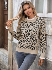 Lace Round Neck Leopard Print Sweater
