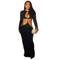 Long Sleeve Backless Round Neck Cutout Maxi Dress