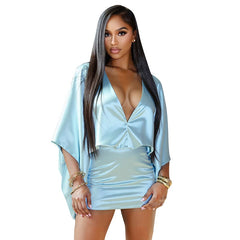 Imitation Silk V-neck Long-Sleeved Hip-Hugging Dress