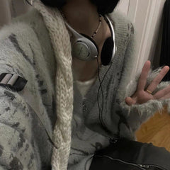 Print V Neck Zip Up Loose Cardigan