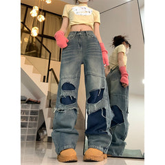 Patchwork Distressed Straight Leg Jeans