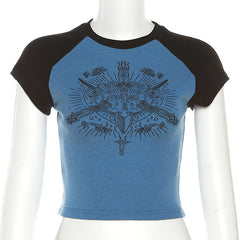 Punk Print Raglan Short Sleeve Crop Top