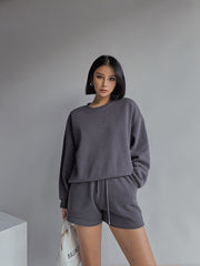 Drop Shoulder Halp Zip Sweatshirt & Drawstring Shorts Set