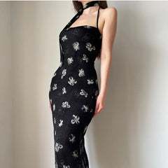 Back Slit Velvet Halter Maxi Dress