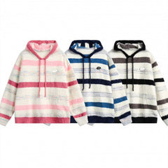 Preppy Contrast Color Stripe Fuzzy Hooded Sweater