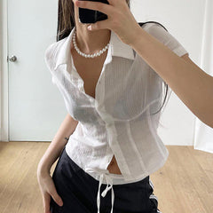 White Cropped Short Sleeve Blouse