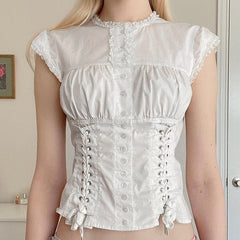 Button Down Broidered Lace Crop Blouse