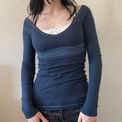 Patchwork Lace Trim Long Sleeve Top