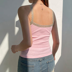 Lace Trim Printed Ribbed Crop Cami Top