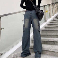 Zip Up Cargo Pocket Straight Leg Washed Jeans