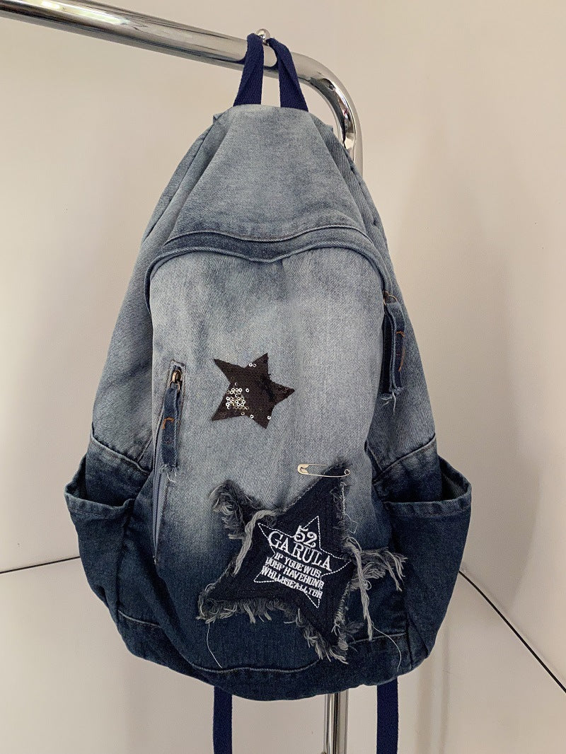 Vintage Star Patch Gradient Denim Backpack