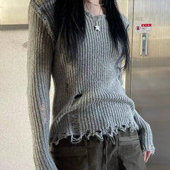 Ribbed Tattered V Neck Sweater