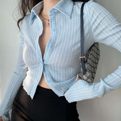 Checkered Cropped Long Sleeve Blouse