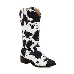 Vintage Cow Print Block Heel Rider Boots