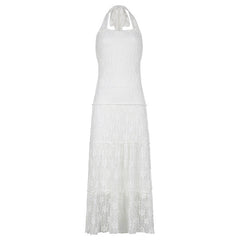 White Floral Lace Halter Maxi Dress