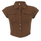 Pocket Button Down Cropped Blouse